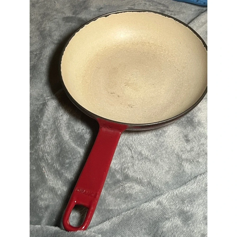 Vintage French Red Enamel Cast Iron Skillet Cream Interior Hanging Handle